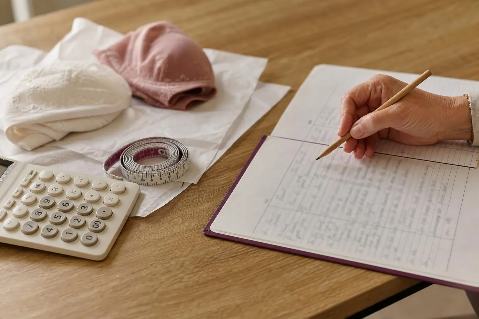 Table d’arrière boutique avec un cahier à colonnes ouvert, une calculatrice de bureau, un mètre ruban et deux soutiens gorge pliés attendant d’être remis en rayon