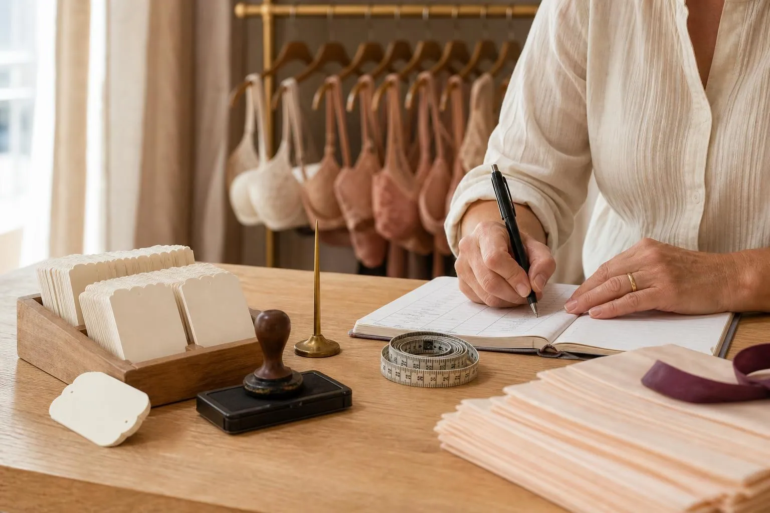 Comptoir de boutique de lingerie avec un porte étiquettes de prix en carton, un tampon encreur et une conseillère qui écrit à la main sur un carnet à colonnes
