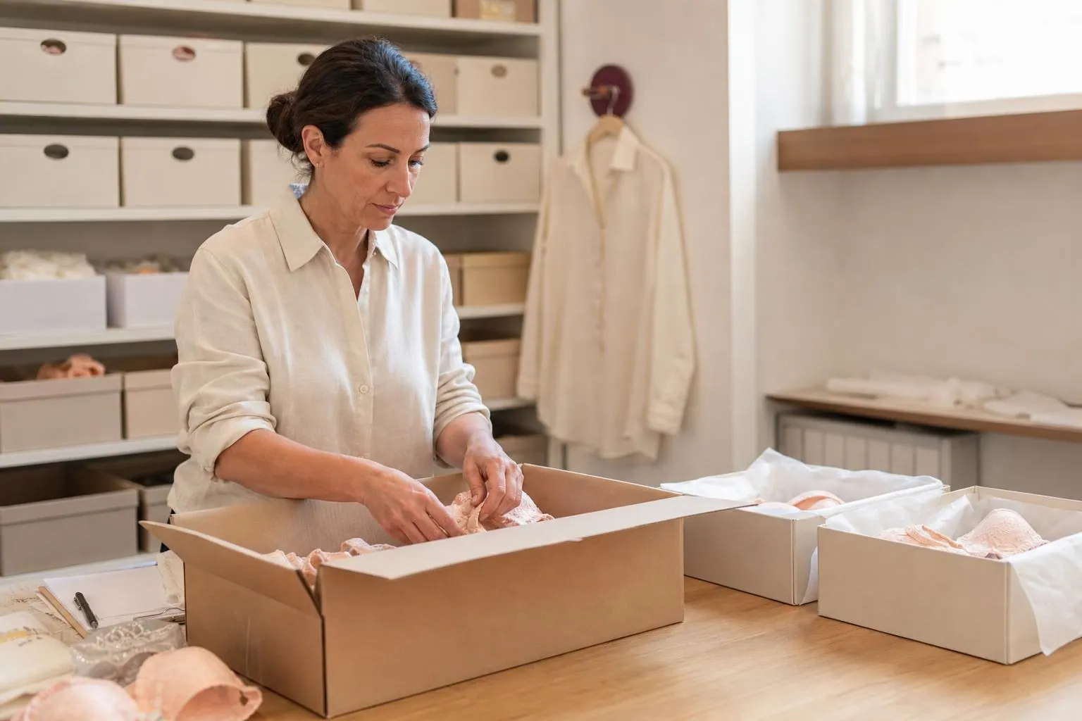 Conseillère pliant des pièces de lingerie dans un carton de don posé sur une table de réserve, à côté de deux bacs de tri en carton écru