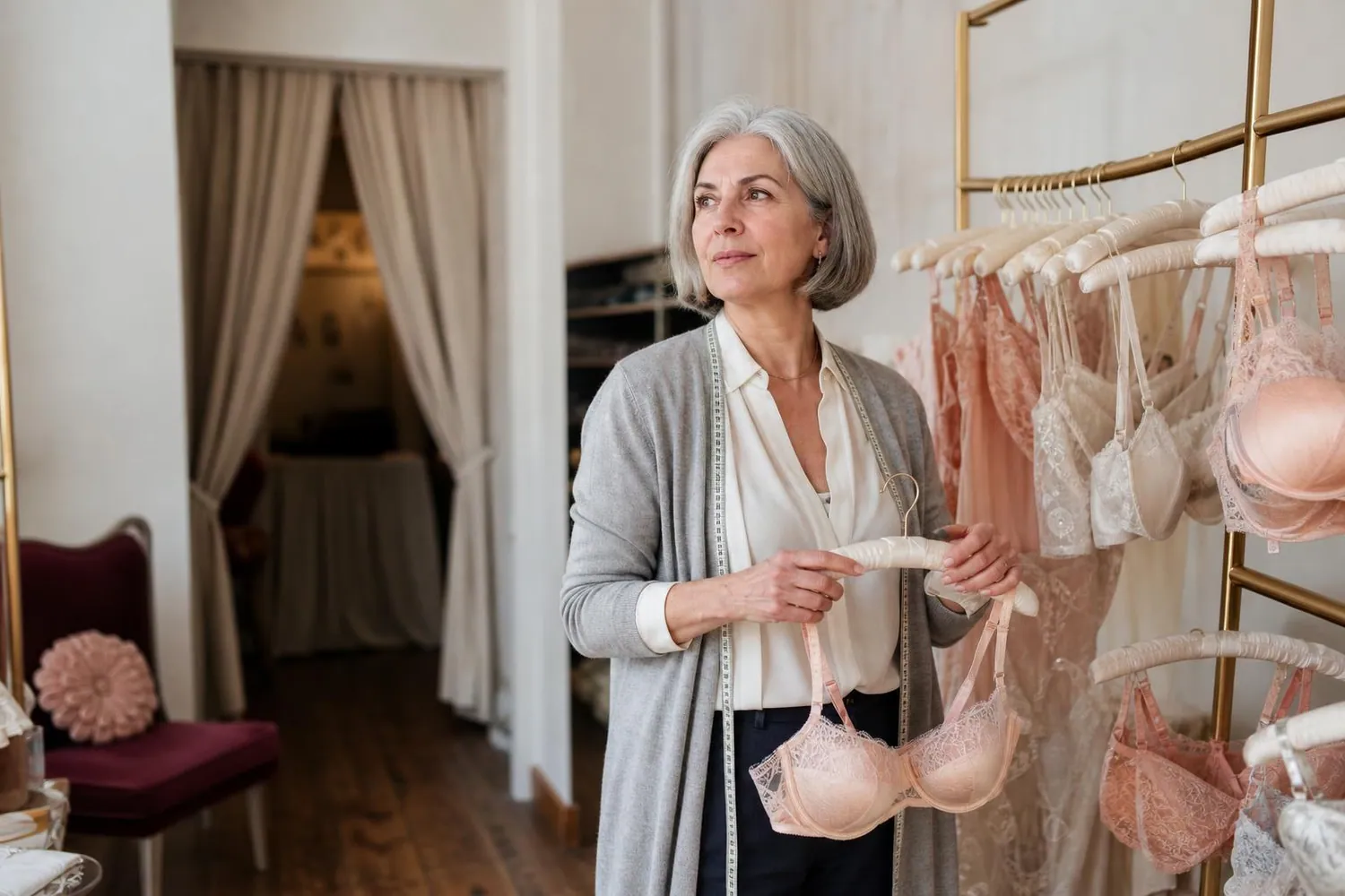 Conseillère en lingerie d’une cinquantaine d’années debout dans sa boutique lumineuse, mètre ruban souple autour du cou, devant un portant de soutiens gorge sur cintres